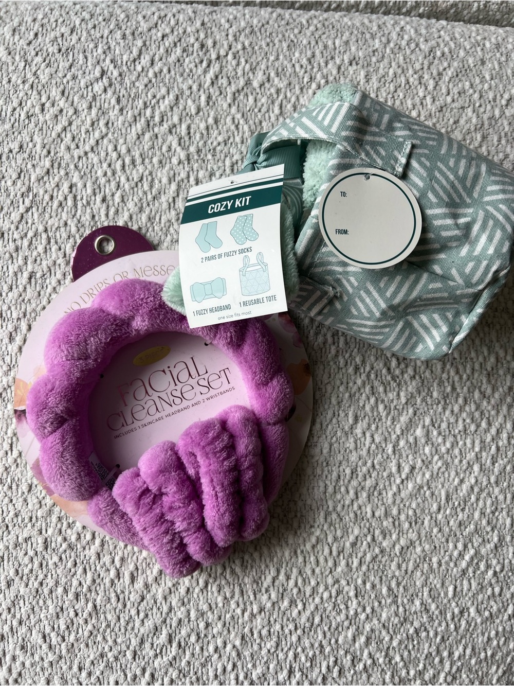 Cozy Facial Cleanse Set with Plush Headband - Purple & Mint